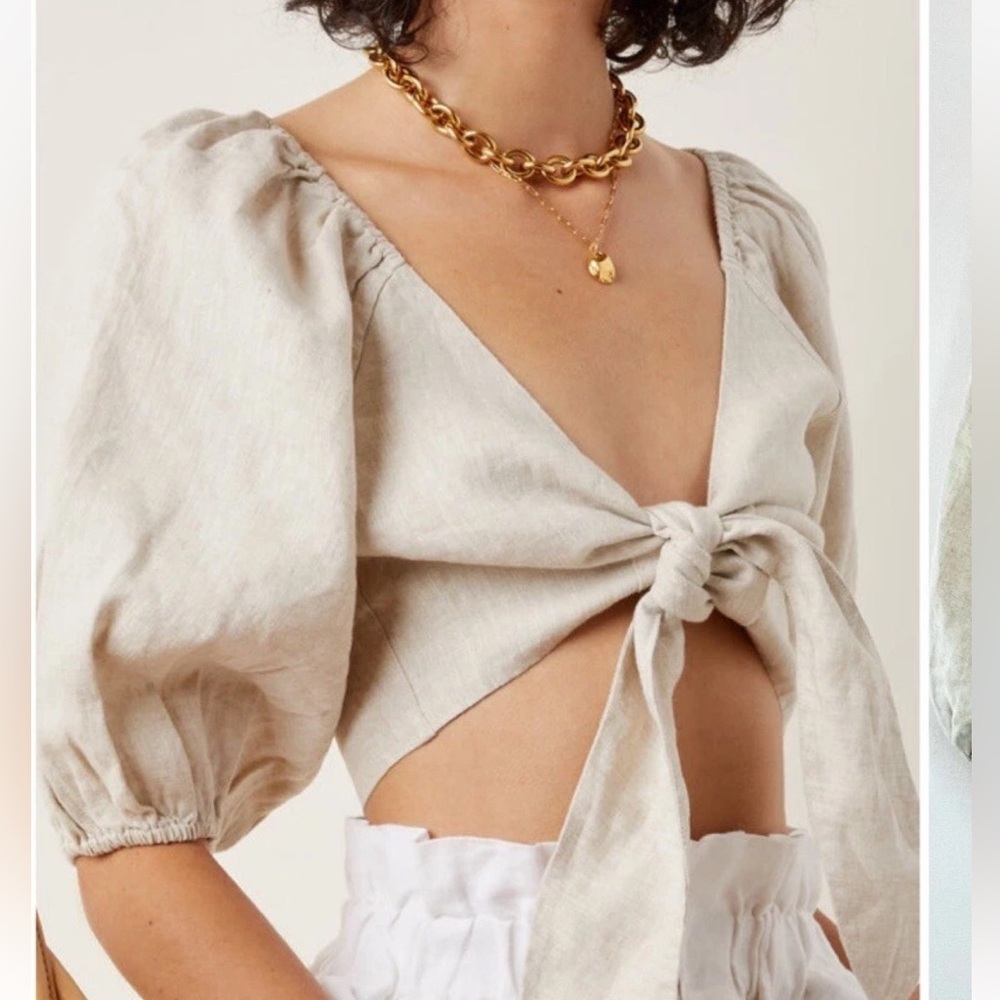 Posse Mia Beige Tie-Front Linen Blouse XS